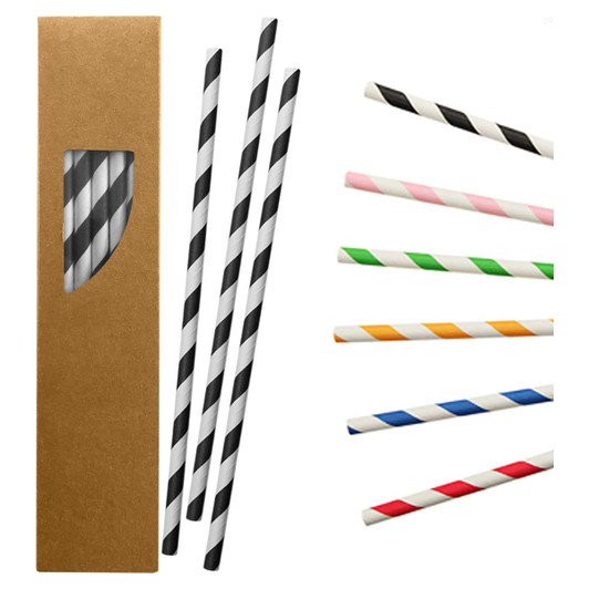 A box of paper straws in various colours, including black, white, pink, green, orange, and red. The box has a window.