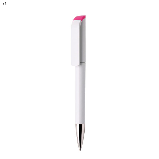 A white plastic pen with a pink clip and chrome accents, featuring a logo.