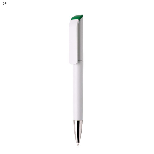 A white pen with a green top and a silver tip, featuring a logo on its body.