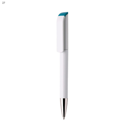 A white plastic pen with a teal accent and a silver tip, featuring a branded logo.