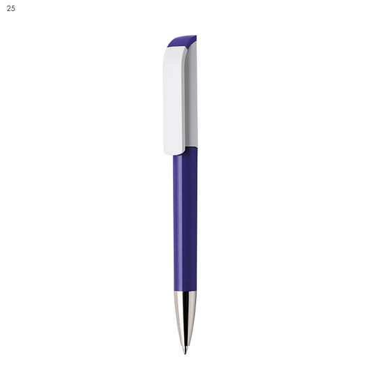 A plastic pen in purple with a white clip and silver tip, featuring a brand logo.