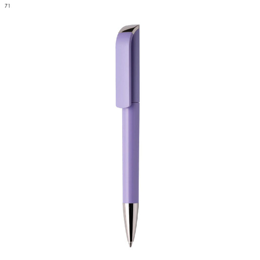 A plastic pen in a light purple colour with a sleek design and a silver tip, featuring a clip and a logo.