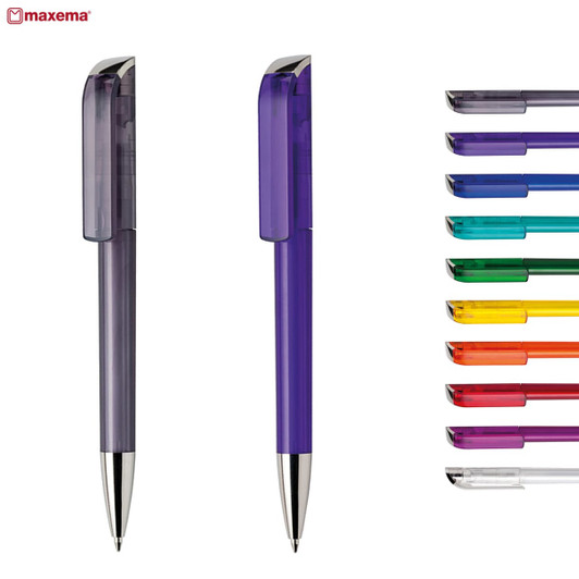 A plastic pen in purple with a silver tip, alongside a variety of pens in multiple colours. The image includes branding.