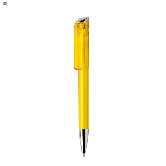 A yellow plastic pen with a silver tip and a transparent body. It features a branding logo on the side.