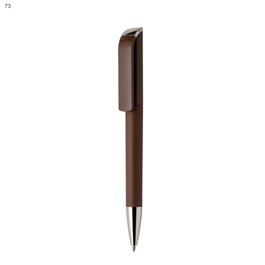 A brown plastic pen with a sleek design and chrome accents, featuring a logo.