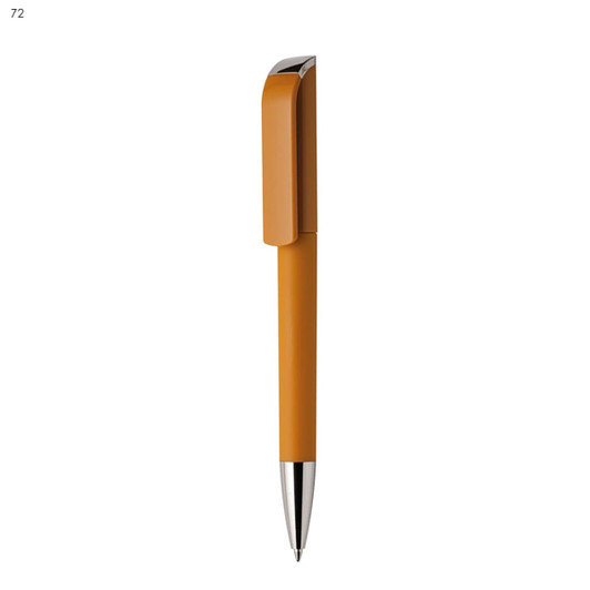 An orange plastic pen with a silver clip and tip, featuring a sleek design and a branding logo.