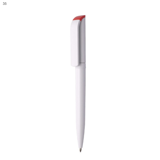 A white plastic pen with a red top and a clip, featuring a logo on its body.