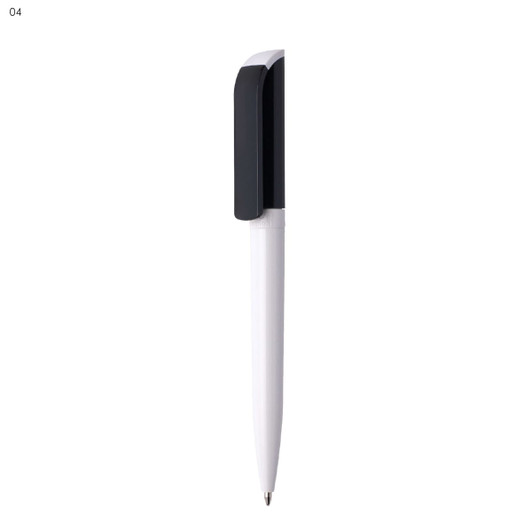 A plastic pen with a white body and a black cap, featuring a branding logo.