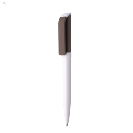 A plastic pen featuring a white barrel and a brown clip, with a logo on the barrel.