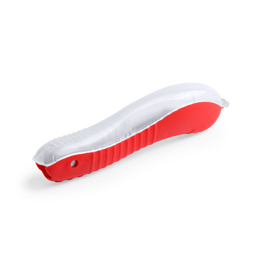 A toothbrush with a white and red design, featuring a textured grip and a rounded head. It has a logo on the side.