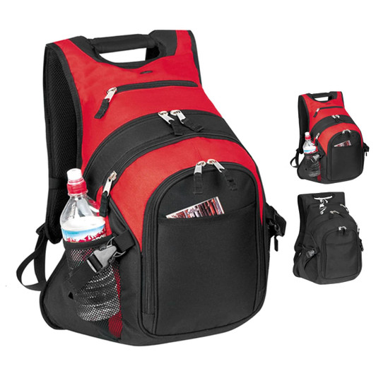 A red and black deluxe computer backpack featuring multiple compartments and a side pocket for a drink bottle.