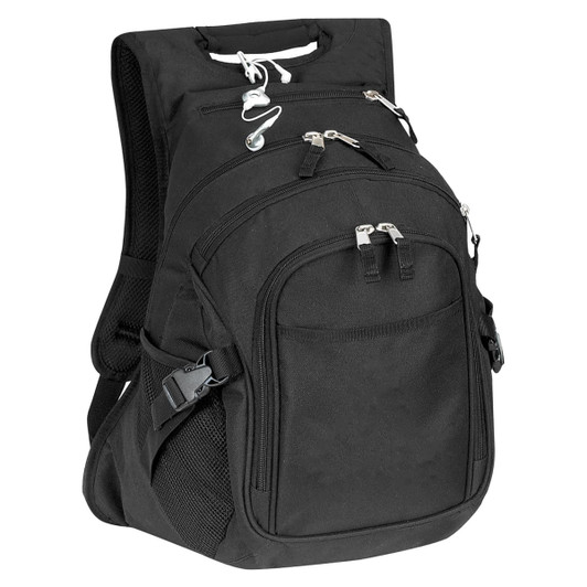A black deluxe computer backpack with multiple zippered compartments and adjustable straps. Features a logo.