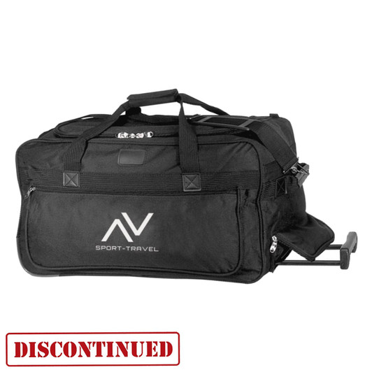 A black rolling duffle bag with a logo, featuring wheels and multiple carrying handles.