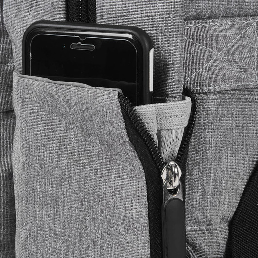 A grey Techpac Laptop Backpack featuring a side pocket with a smartphone partially visible.