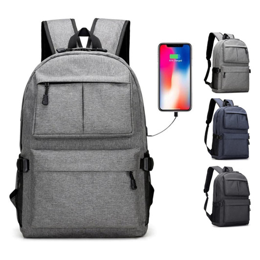 A grey laptop backpack with multiple pockets, featuring a charging port and branding. Includes two additional colour options.