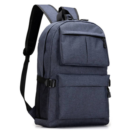 A navy blue laptop backpack featuring multiple pockets and adjustable straps. It has a logo on the front.