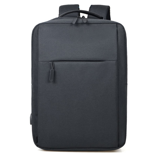 A dark grey backpack featuring a front pocket and dual shoulder straps. It has a streamlined design and a top handle.