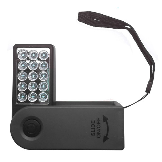 A 360 Degree Torch in black with a strap and multiple LED lights. It features a slide on/off switch.