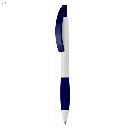 A blue and white plastic pen with a grip and a branded logo.