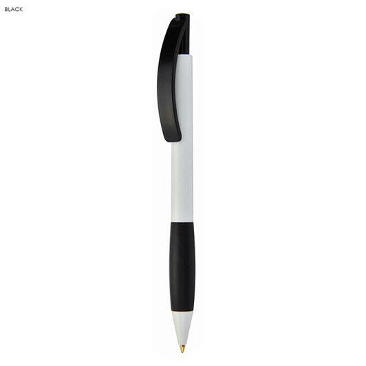 A plastic pen in white and black, featuring a clip and a branding logo.