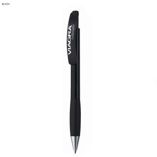 A black metal pen with a clip and a logo, presented vertically against a plain background.