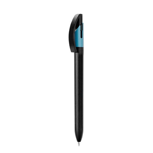 A black metal pen with a blue accent and a clip on the cap, featuring a logo.