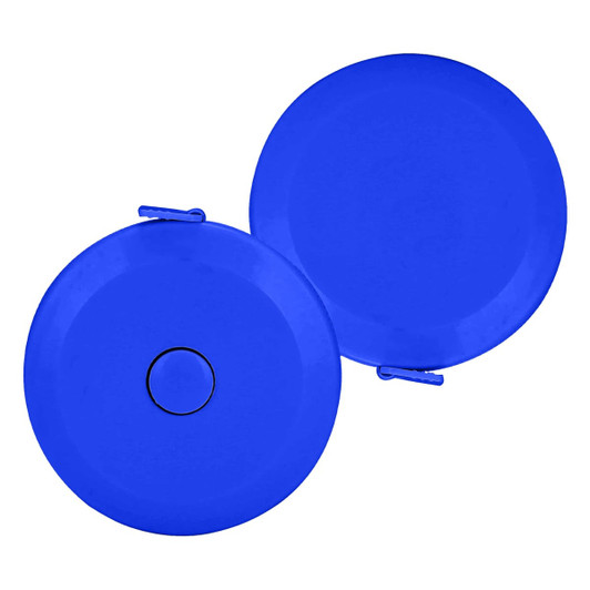 A blue compact tape measure with a circular design and a clip. It features a logo on its surface.