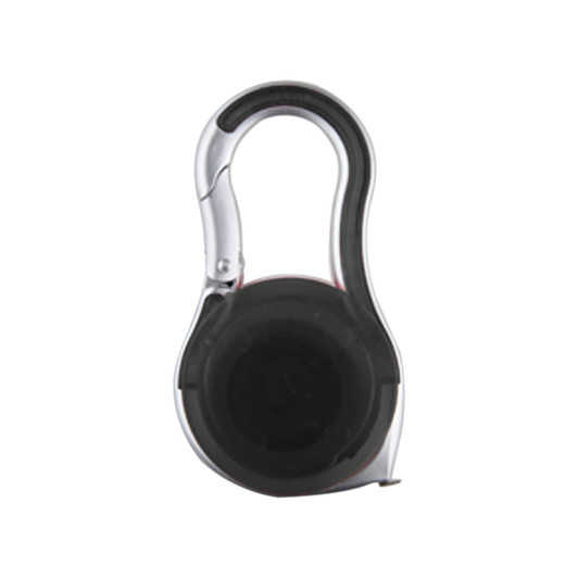 A carabiner-style tape measure featuring a black casing and a silver clip for easy attachment.