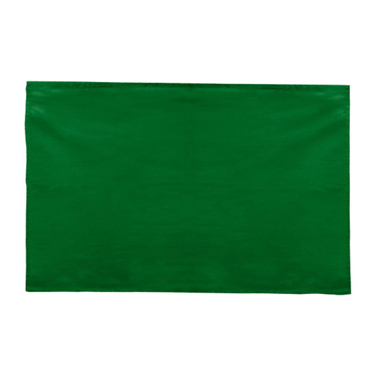 A green cotton tea towel with a smooth texture, featuring a logo in one corner.