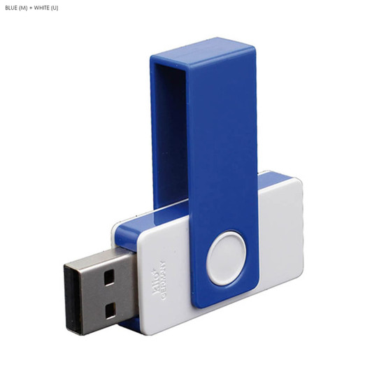 A blue and white USB flash drive with a plastic clip, featuring a USB connector.