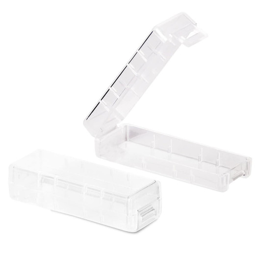 A clear USB drive case with an open lid and a textured design, featuring a logo on the side.