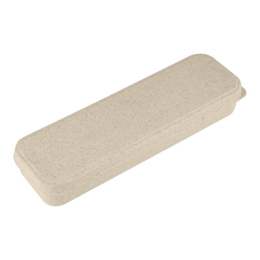 A beige wheat straw utensils set in a slim, rectangular storage case. The case has a smooth exterior and a lid.