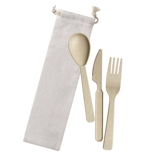 Wheat straw cutlery set in a beige bag, featuring a spoon, knife, and fork. The bag has a logo and ties at the top.
