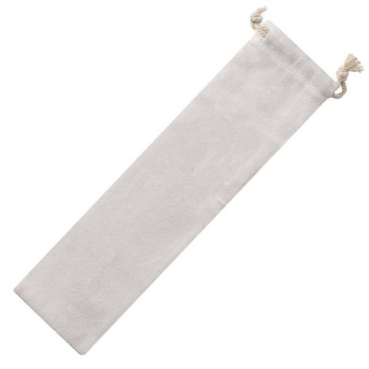 A light grey bag with tassels designed to hold wheat straw utensils for cutlery sets.