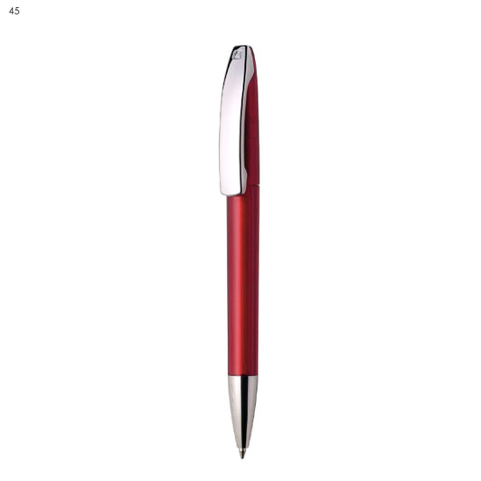 A red plastic pen with a chrome clip and silver tip, featuring a logo on the barrel.
