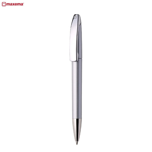 A metal pen in silver with a sleek design and a clip for securing it. Features a branding logo.