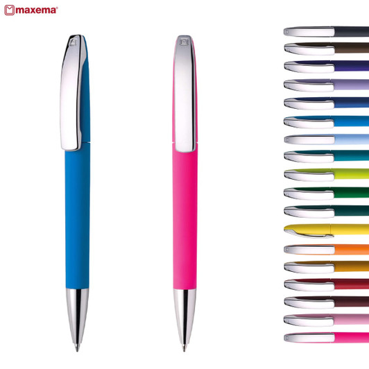 A collection of metal pens in various colours, including blue and pink, featuring a shiny silver clip.