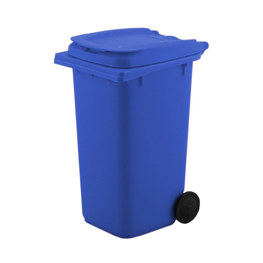 A blue wheelie bin pen holder with a lid and a wheel, designed for office use. It features a branding logo.