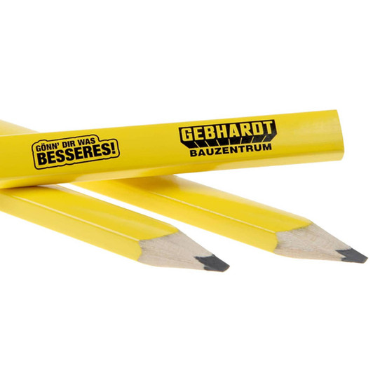 Three yellow carpenter pencils with sharpened tips, featuring a logo on one pencil.