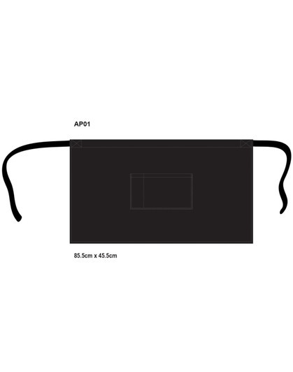 A black short waist apron with ties and a pocket, measuring 85.5cm x 45.5cm. Features a logo on the front.