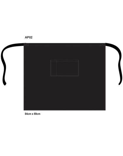 A black short waist apron with ties and a pocket, measuring 84cm x 69cm, featuring a logo.