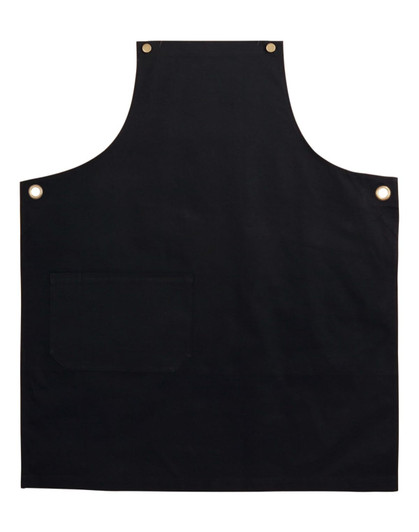 A black Brunswick Bib Apron featuring a pocket and metal grommets, suitable for workwear.