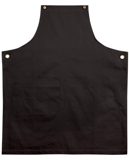 A black Brunswick Bib Apron, featuring a front pocket and metal snaps, suitable for workwear.