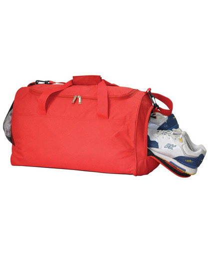 A red duffle bag with a pair of shoes partially visible, featuring a logo on the side.