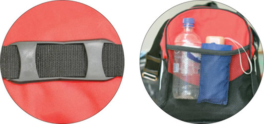 A red and black duffle bag featuring a strap buckle and a front pocket with a drink bottle and rolled-up item.