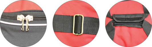 A red and black duffle bag featuring zippers, adjustable straps, and a branded logo.