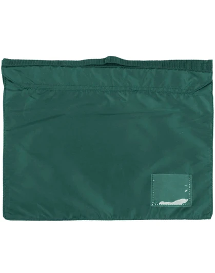 A green satchel with a simple design and a logo in the corner.
