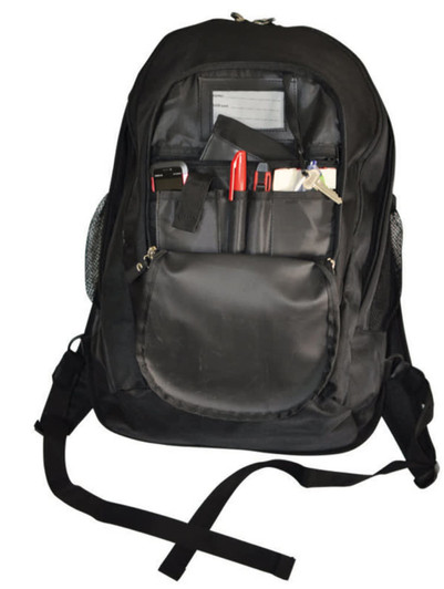 A black executive backpack featuring multiple compartments, including pockets for pens and a phone.