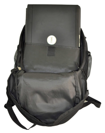 A black backpack featuring a main compartment and a laptop pocket, with a mesh side pocket.
