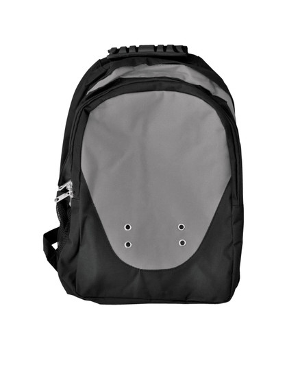 A black and grey backpack with a smooth surface and eyelet details at the front, featuring a logo.